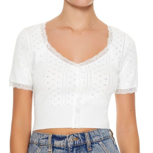 Forever 21 X-Small White Pointelle Cropped Sweater-Knit Tee - Picture 1 of 5